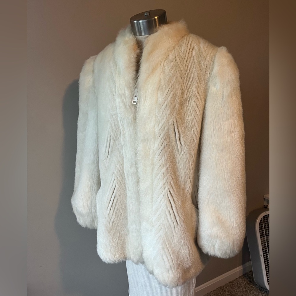 Vintage faux fur coat off white chevron pattern